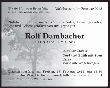 Traueranzeige von Rolf Damber von Schwäbische Post