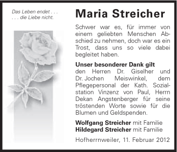 Traueranzeige von Maria Streicher von Schwäbische Post
