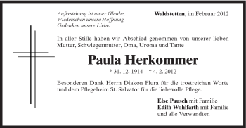 Traueranzeige von Paula Herkommer von Gmünder Tagespost
