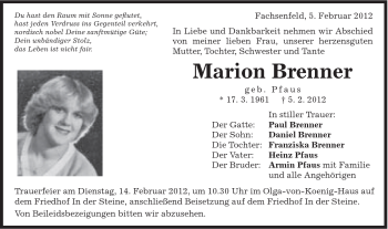 Traueranzeige von Marion Brenner von Schwäbische Post