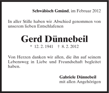 Traueranzeige von Gerd Dünnebeil von Gmünder Tagespost