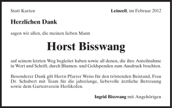 Traueranzeige von Horst Bisswang von Gmünder Tagespost