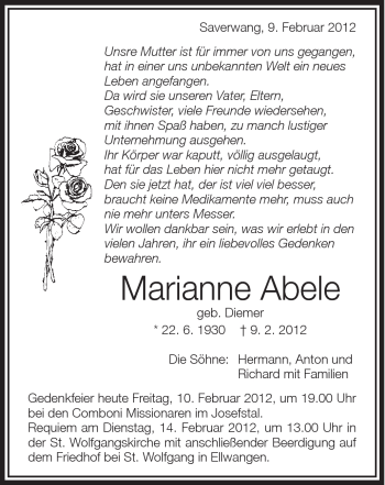 Traueranzeige von Marianne Abele von Schwäbische Post