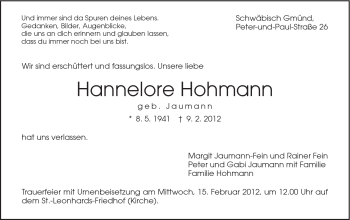 Traueranzeige von Hannelore Hohmann von Gmünder Tagespost