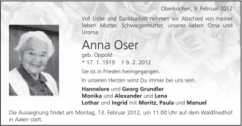 Traueranzeige von Anna Oser von Schwäbische Post