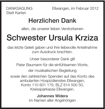 Traueranzeige von Ursula Krziza von Schwäbische Post