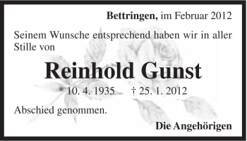 Traueranzeige von Reinhold Gunst von Gmünder Tagespost