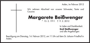 Traueranzeige von Margarete Beißwenger von Schwäbische Post