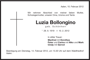 Traueranzeige von Luzia Bollongino von Schwäbische Post