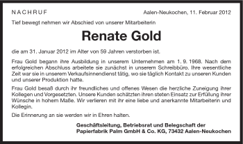 Traueranzeige von Renate Gold von Schwäbische Post