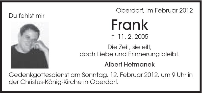  Traueranzeige für Frank Hetmanek vom 11.02.2012 aus Schwäbische Post