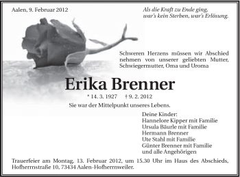 Traueranzeige von Erika Brenner von Schwäbische Post