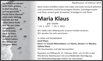Traueranzeige von Maria Klaus von Schwäbische Post
