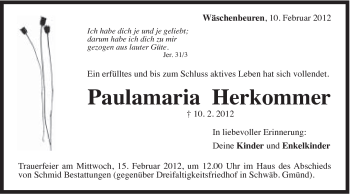 Traueranzeige von Paulamaria Herkommer von Gmünder Tagespost