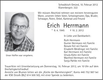 Traueranzeige von Erich Herrmann von Gmünder Tagespost