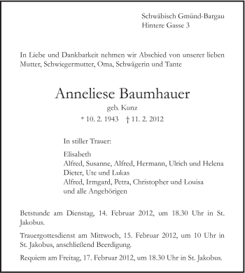 Traueranzeige von Anneliese Baumhauer von Gmünder Tagespost