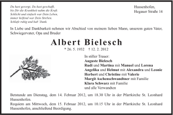 Traueranzeige von Albert Bielesch von Gmünder Tagespost