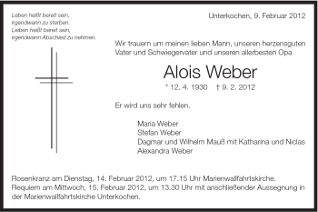 Traueranzeige von Alois Weber von Schwäbische Post