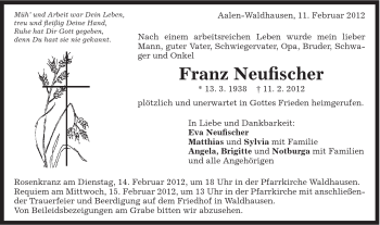 Traueranzeige von Franz Neufischer von Schwäbische Post