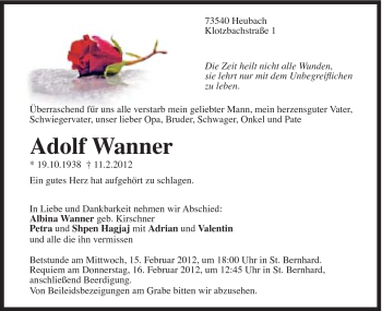 Traueranzeige von Adolf Wanner von Gmünder Tagespost