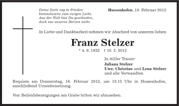 Traueranzeige von Franz Stelzer von Gmünder Tagespost