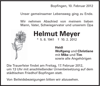 Traueranzeige von Helmut Meyer von Schwäbische Post