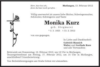 Traueranzeige von Monika Kurz von Gmünder Tagespost