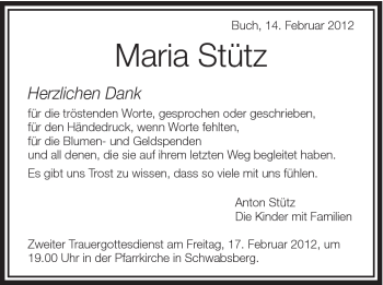 Traueranzeige von MaRIA STÜTZ von Schwäbische Post