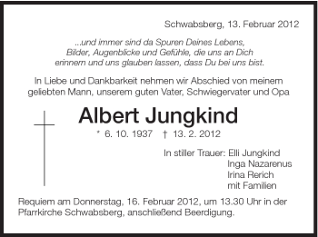 Traueranzeige von Albert Jungkind von Schwäbische Post
