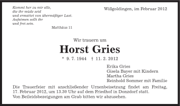 Traueranzeige von Horast Gries von Gmünder Tagespost