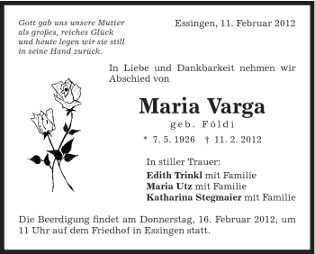 Traueranzeige von Maria Varga von Schwäbische Post