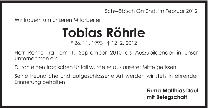  Traueranzeige für Tobias Röhrle vom 15.02.2012 aus Gmünder Tagespost