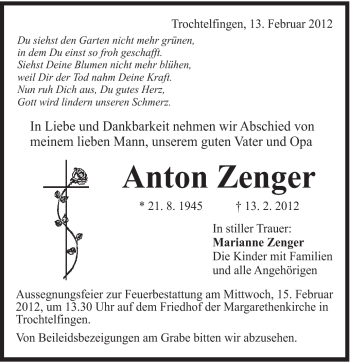 Traueranzeige von Anton Zenger von Schwäbische Post