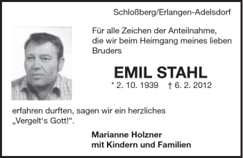 Traueranzeige von Emil Stahl von 082