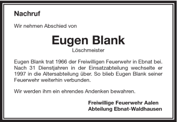 Traueranzeige von Eugen Blank von Schwäbische Post