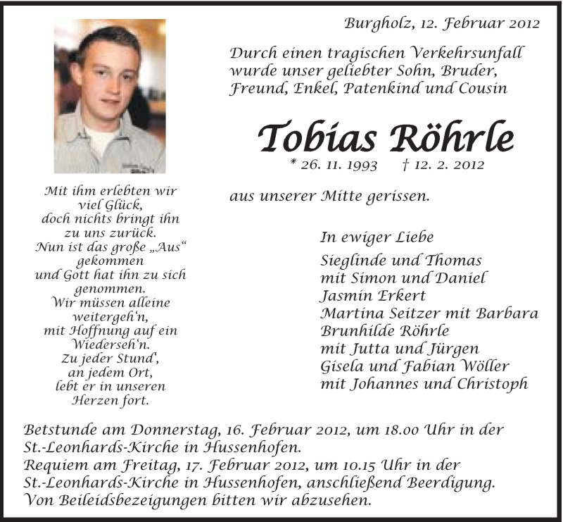  Traueranzeige für Tobias Röhrle vom 15.02.2012 aus Gmünder Tagespost