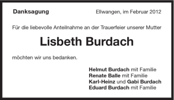 Traueranzeige von Lisbeth Burdach von Schwäbische Post