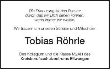 Traueranzeige von Tobias Röhrle von Gmünder Tagespost