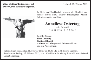 Traueranzeige von Anneliese Ostertag von Gmünder Tagespost