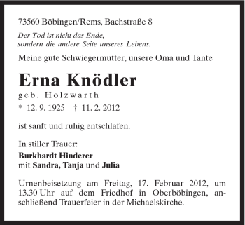 Traueranzeige von Erna Knödler von Gmünder Tagespost