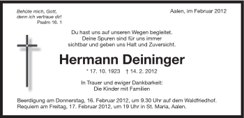 Traueranzeige von Hermann Deininger von Schwäbische Post