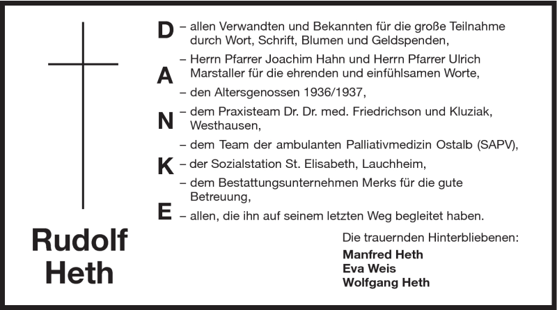  Traueranzeige für Rudolf Heth vom 18.02.2012 aus Schwäbische Post