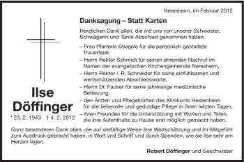 Traueranzeige von Ilse Döffinger von Schwäbische Post