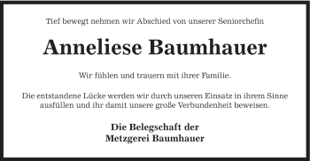 Traueranzeige von Anneliese Baumhauer von Gmünder Tagespost