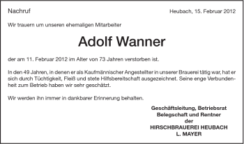 Traueranzeige von Adolf Wanner von Gmünder Tagespost