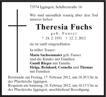 Traueranzeige von Theresia Fuchs von Gmünder Tagespost