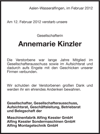 Traueranzeige von Annemarie Kinzler von Schwäbische Post