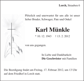 Traueranzeige von Karl Münkle von Gmünder Tagespost