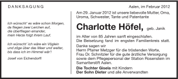 Traueranzeige von Höfel Charlotte von Schwäbische Post