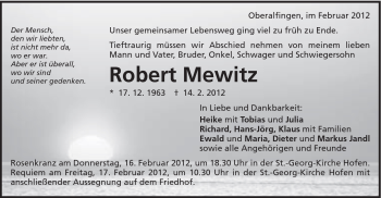 Traueranzeige von Robert Mewitz von Schwäbische Post